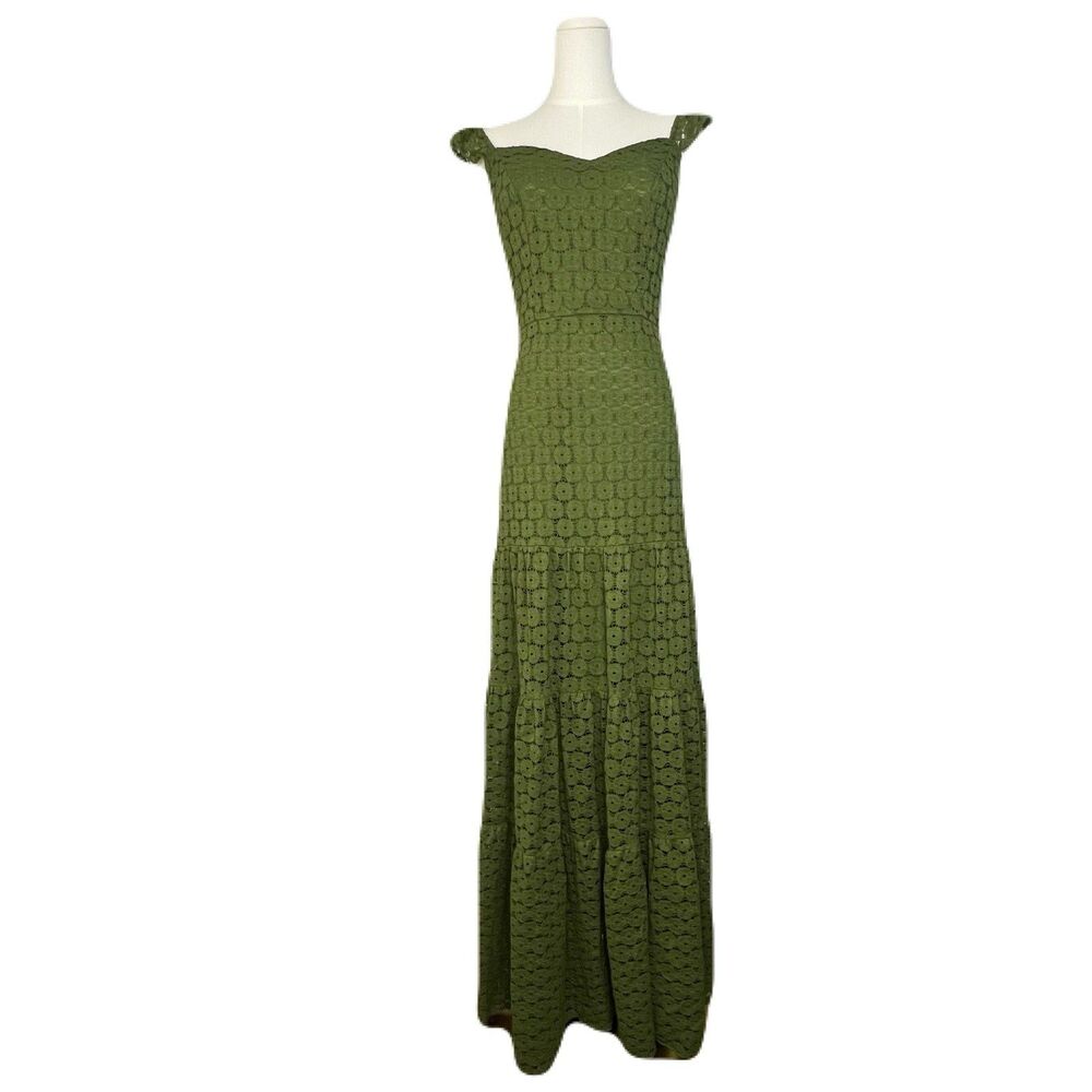 Green Floral Eyelet Maxi Dress Small Feminine Romantic Retro Garden‎ Resort Boho